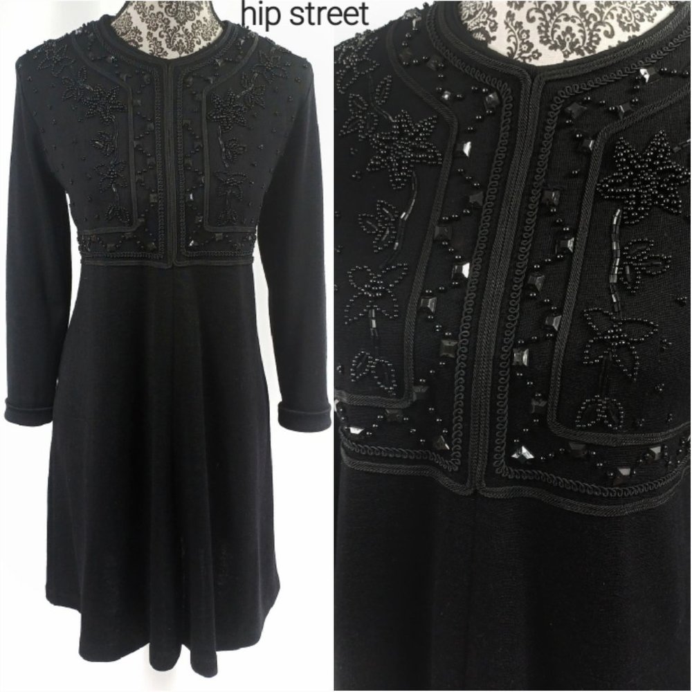 LIZ CLAIBORNE LS Beaded Top Wool Blend Knit Swing Dress SP